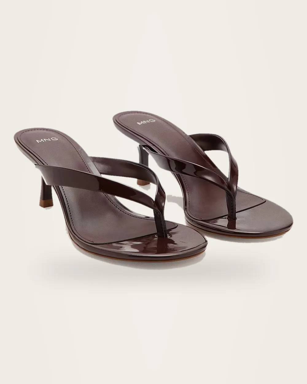 Glossy brown leather thong kitten heel sandals, side view