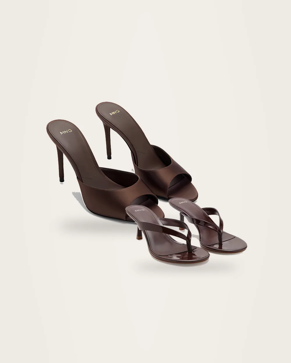 Brown satin stiletto sandals and kitten heels from the MOCLAUS collection