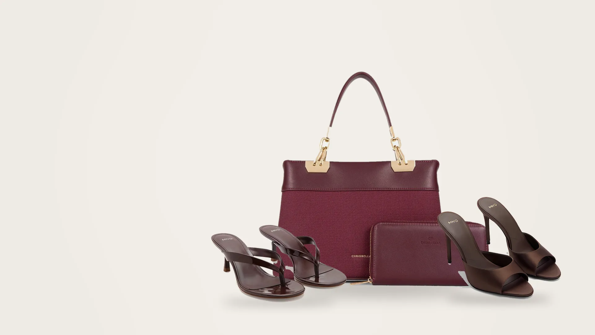 Burgundy leather handbag with matching wallet and heeled sandals from MOCLAUS COLLECTION