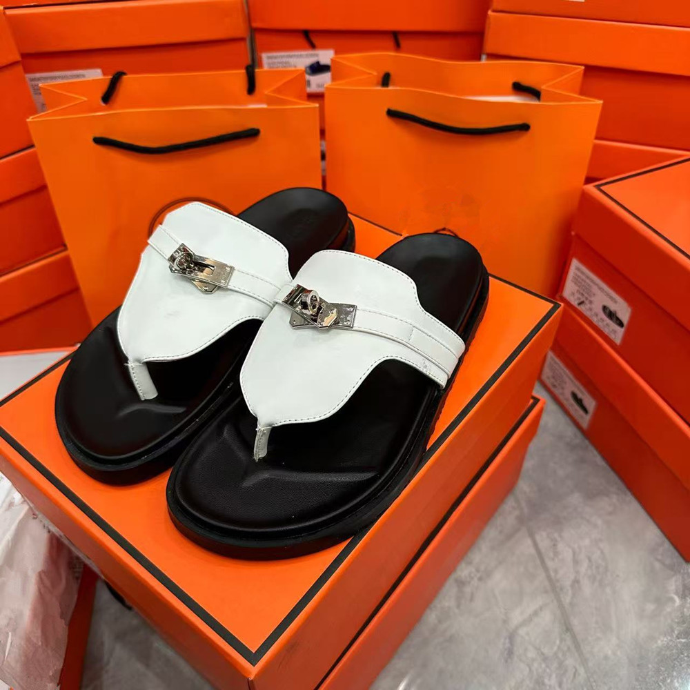 Hermès Chypre Buckle Genuine Leather Flat Slides