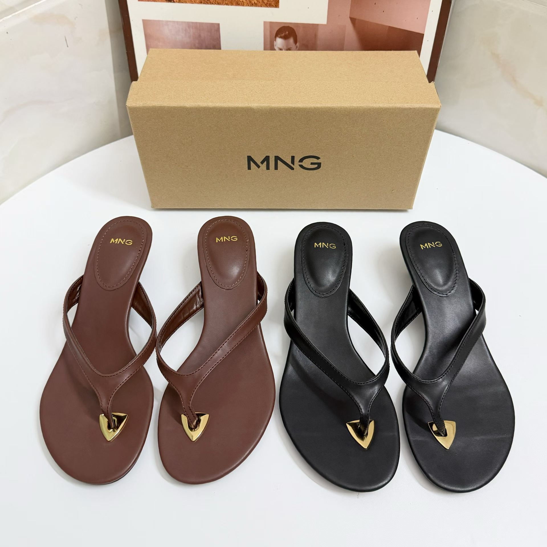 MNG Sculpted Metal Accent Thong Kitten Heel Sandals