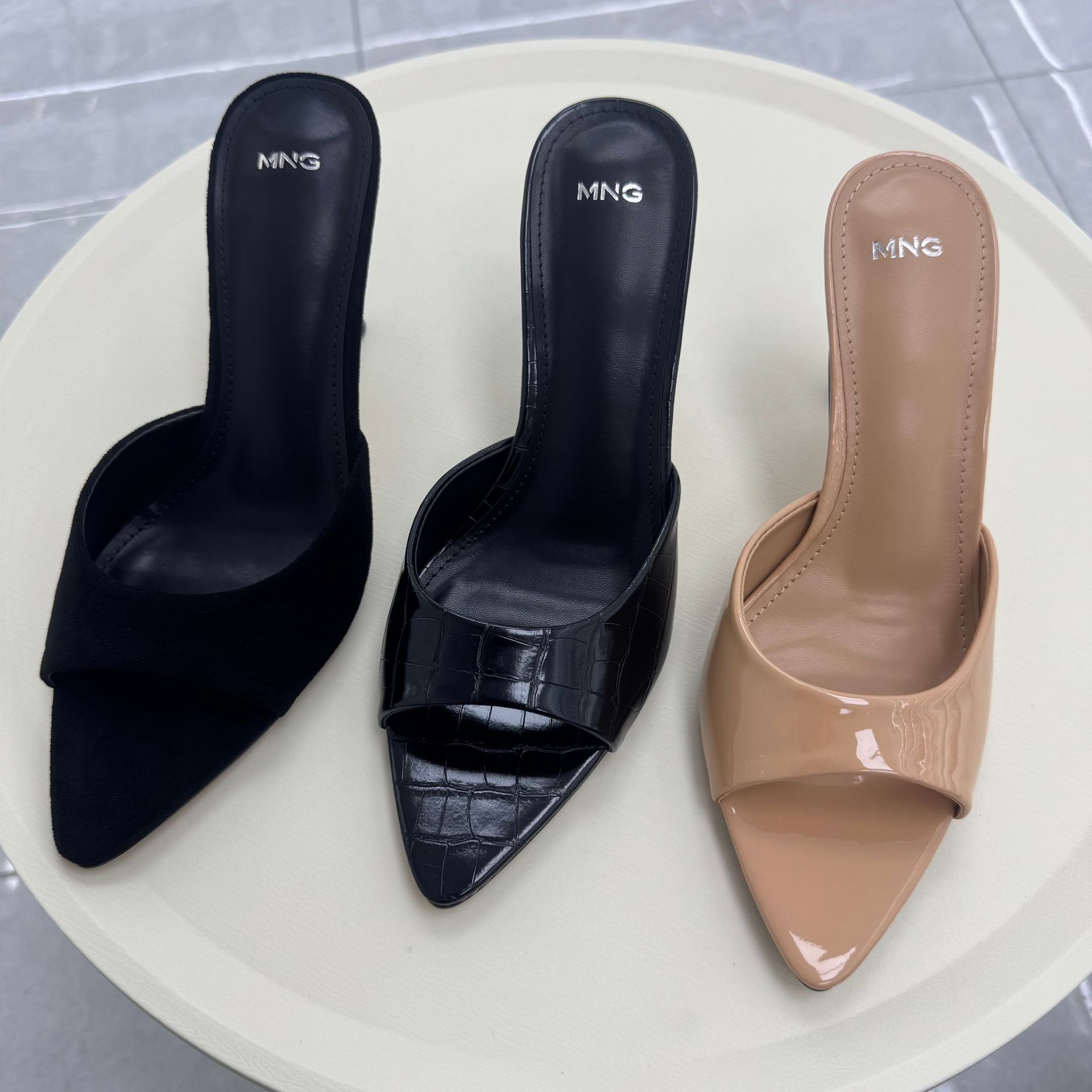 MNG Spanish Suede & Embossed Stiletto Mules